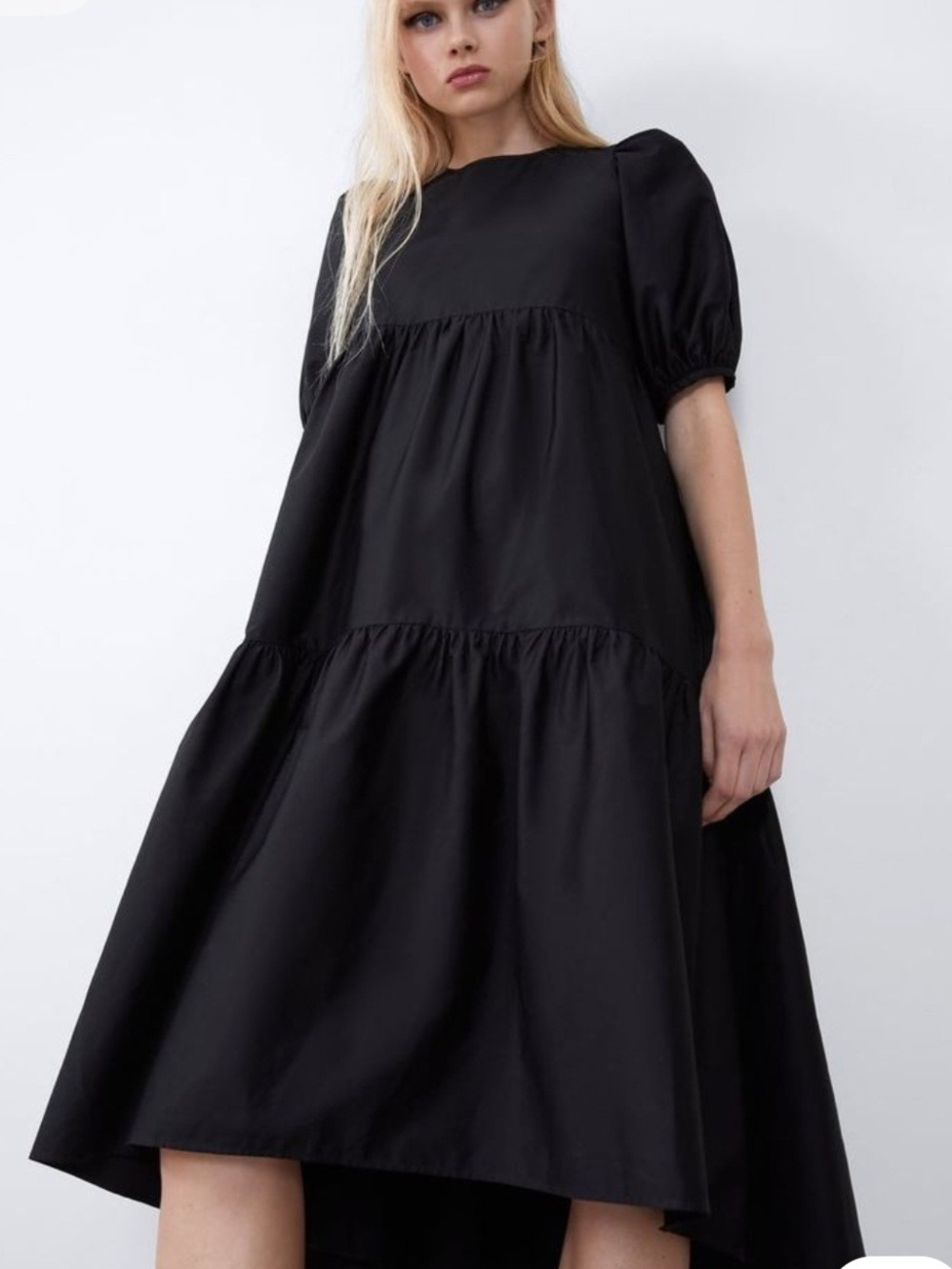 Zara Black High-Low Tiered Puff Sleeve Dress